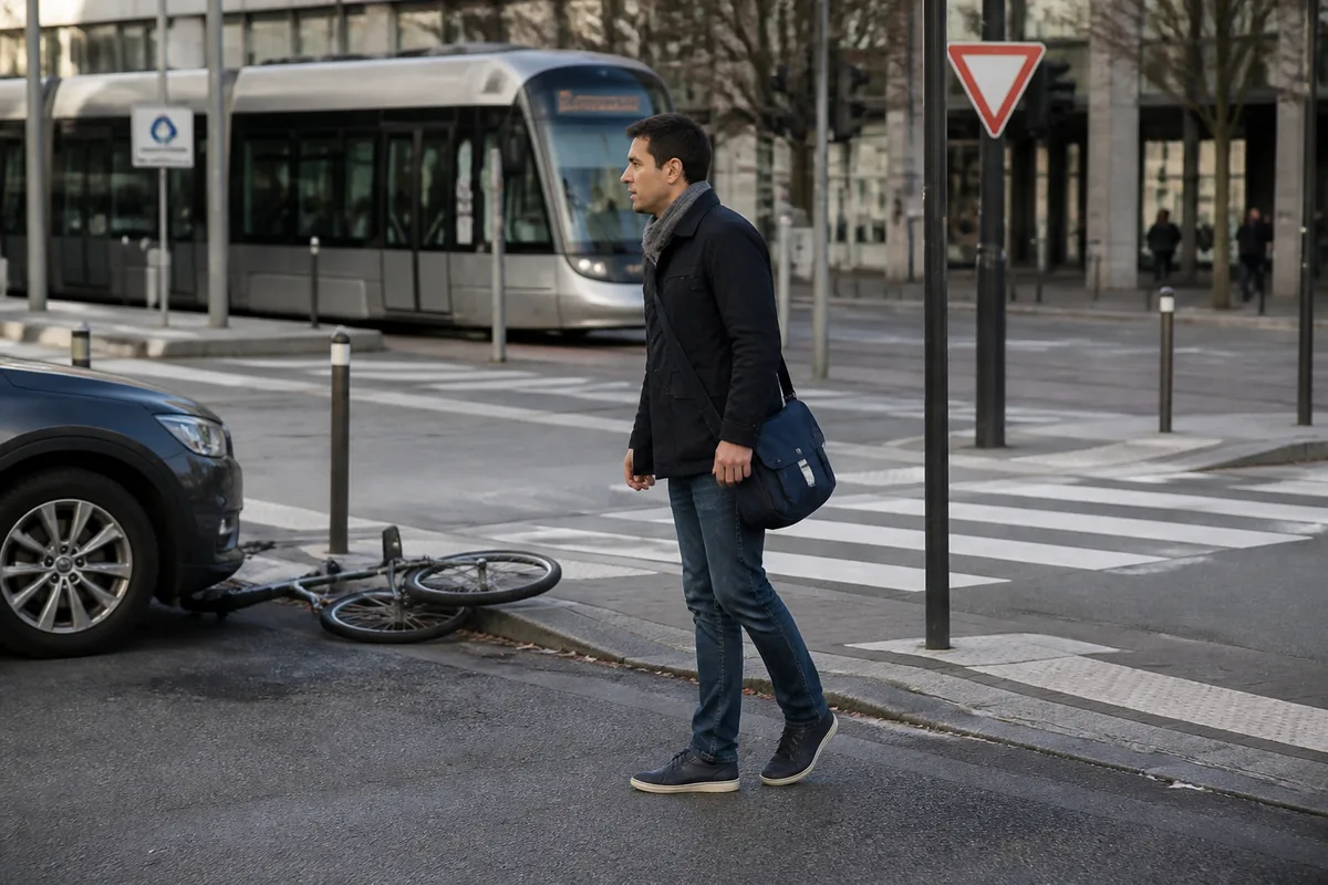 Salarié traversant une rue près d'une station de transport sur un trajet domicile travail