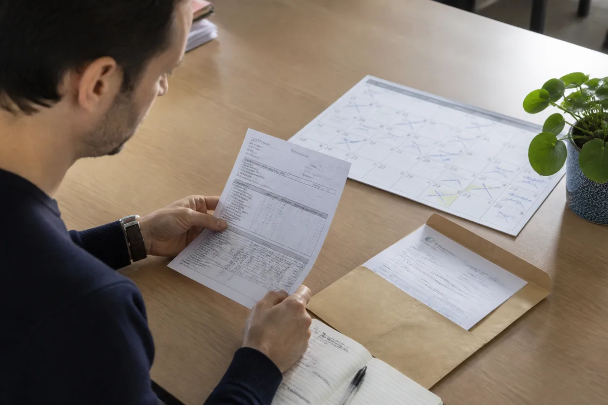 Salarié vérifiant son compteur de congés payés sur un bulletin de paie et un calendrier