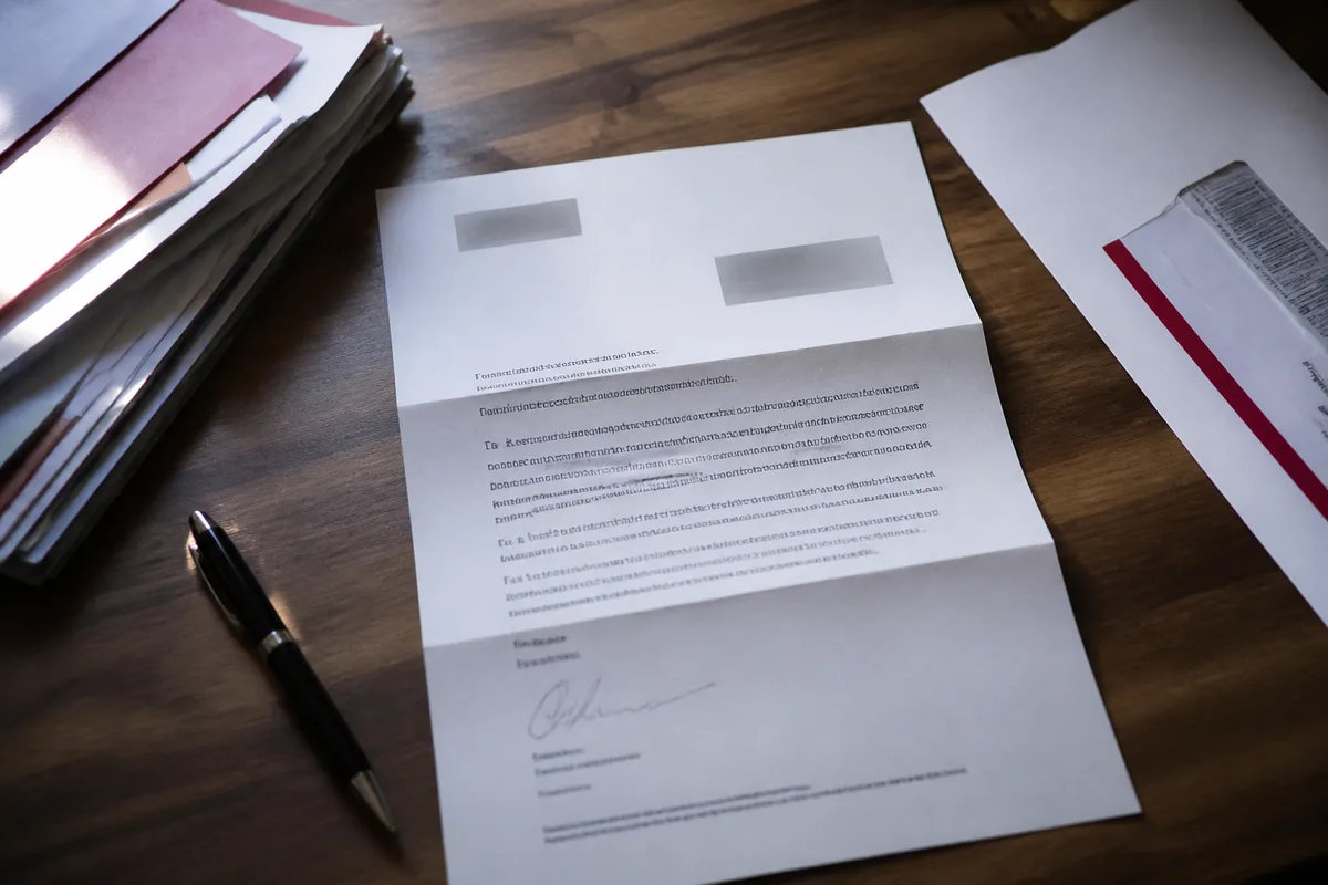 Courrier d’avertissement disciplinaire posé sur un bureau avec des documents de travail