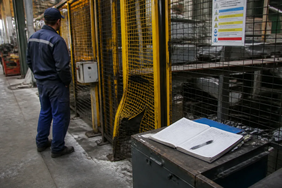 Inspection d’une zone de travail industrielle avec balisage de sécurité et registre de prévention consulté par un représentant du personnel
