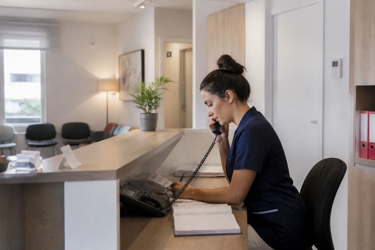 Accueil d'un cabinet médical avec poste de secrétariat et dossiers patients
