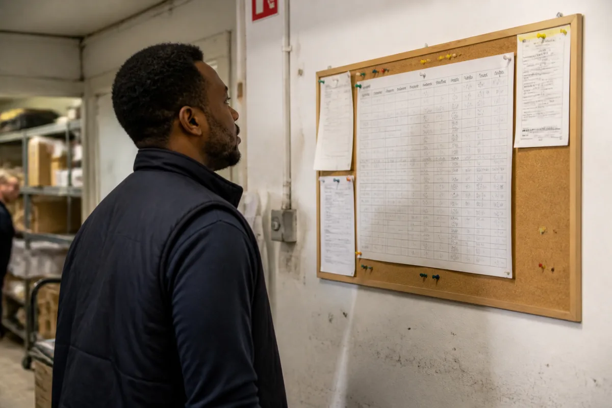 Salarié consultant un planning d’horaires affiché dans un lieu de travail