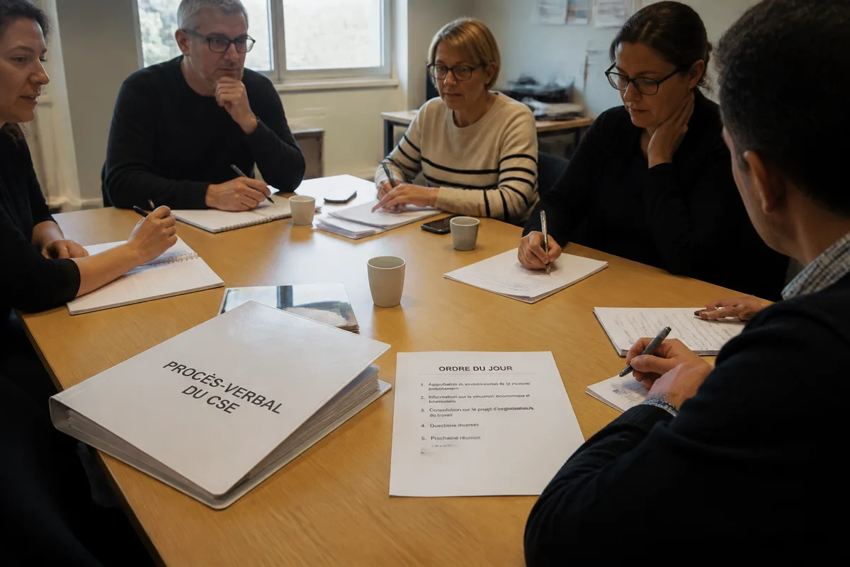 Réunion réelle du CSE autour d’une table avec documents de procès-verbal en français