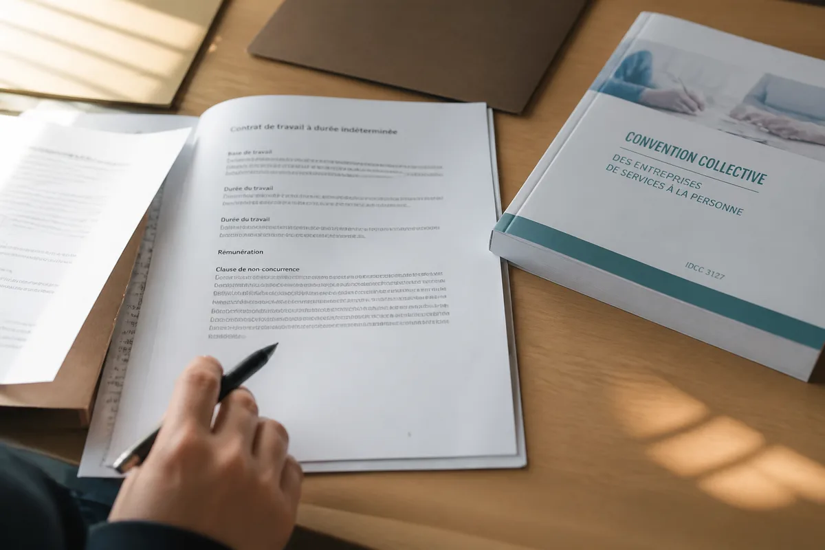 Contrat de travail français ouvert sur une clause de non-concurrence, avec stylo et convention collective à côté